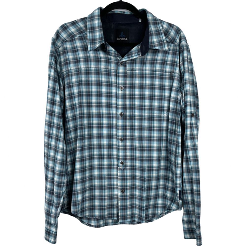 prAna Nylon Quick-Dry Long-Sleeve Shirt Plaid Roll-Up Tab Sleeve Men's MEDIUM